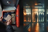 A split image. On the left, hands put a passport and other identity documents in a fire safe. On the right, a concrete and glass hallway illuminated by orange and blue light showing a crowd of people behind locked glass doors.