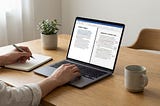 Writer reviewing an article draft with AI suggestions on a laptop, making final edits by hand to keep an authentic voice