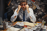 A man holding his head among a pile of papers, stressed out because of work.