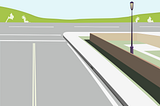 Minimalist illustration of a suburban street with a light grey asphalt road, a high sidewalk, a streetlamp, and green rolling hills under a light blue sky