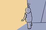 A two-toned drawing of a toddler reaching for the handle of a door, beyond which there is golden light.
