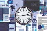 A clock face centered over a collage of things that annoy people online: long About content, newsletters, chatbots, and FAQs