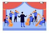 Conductor and musicians playing violin, harp, cello<a href=’https://www.freepik.com/vectors/music'>Music vector created by pch.vector — www.freepik.com</a>