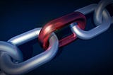 AI generated image of several links in a chain — silver and red