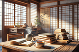 A bright and cozy reading environment, influenced by Japanese wabi-sabi aesthetics