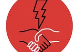 A round red graphic with two hands shaking hands. The hand on the left is drawn with a black line, and the hand on the right with a white line. Above the hands is a lightning bolt, drawn with a black line, pointing down to the middle of the handshake.