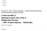 20241226–2001: A Space Odyssey … HaikuPrajna [Book Review] [Project Roadmap Update Q3 2024]