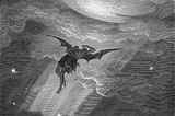 In the original piece by Gustav Doré, Lucifer is envisioned here falling from heaven. This version is vertically flipped so it showed Lucifer ascending from “heaven” as academics perceive “academia.” Lucifer/Satan is centered. He’s in the middle of transforming so he has a manlike body but his angelic wings are more pointed like that of a dragon.