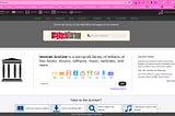 Displayed on the screen is the homepage of the Internet Archive with a focus on the Wayback Machine search bar. Below the search bar, an explanatory text mentions that Internet Archive is a non-profit library of books, movies, software, music, websites, and more, along with icons representing these media types.