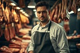 A butcher surrounded by hanging meat