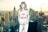 Illustration of a pregnant woman wearing a shirt that says “For Rent” juxtaposed against the NYC skyline.