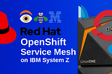 The big red letter `O` with parts of it shifted is the logo of Red Hat OpenShift. The little blue sails are the logo of Maistra, the main component of Red Hat OpenShift Service Mesh. The asymmetrical vesica piscis below the OpenShift logo is the logo of the Kiali subsystem of Service Mesh. The little blue Go Gopher wearing a Tyrolean hat perched atop an IBM LinuxOne chassis is the logo for the Jaeger Tracking system used in Red Hat OpenShift Service Mesh.