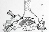 Hand-drawn image of a hand holding a bird underwater. The bird is wearing swim fins, goggles, and a snorkel. Drawing by author.