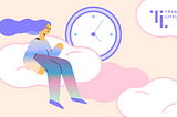 Stylized illustration of a person with long hair sitting on a cloud, with a large analog clock in the background. The color palette is mostly pastels in purple, pink, and yellow.