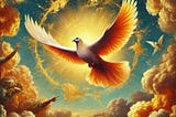Beautiful depiction of golden aura Dove flying amongst clouds.