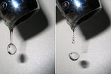Sequence of two images capturing a drop of water detaching from the nozzle of a faucet.