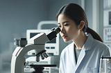 Female scientist inspects a medical device coating substrate through a microscope.
