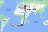 Showing the distance between Cape Town and Port Said on the world map.
