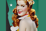 AI generated image of a 1940s pin-up girl dressed in yellow and white against a teal background