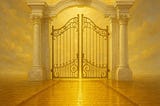 A glowing celestial scene depicting a radiant pearly gate at the end of a golden street. The gate is framed by marble columns and intricate ironwork, set against a luminous sky filled with golden light and soft clouds.