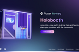 Landing screen for the Flutter Forward Holobooth web app. On the left, Dash is taking a picture inside a photo booth decorated with purple and blue hues and the Flutter logo. On the right is a button to get started.