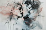 Abstract painting depicting a man and a woman about to kiss, surrounded by dynamic, flowing streaks of paint in shades of pink and gray, creating a sense of movement and emotion