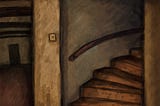 A winding staircase, in a dimly lit interior.