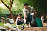 A young girl and her dad take the initiative to clean up a park. The scene captures their dedication and the positive impact of their actions on the environment.