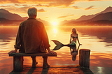 An old man sitting on the pier with a mermaid in the water.