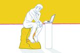 An illustration of Rodin’s, The Thinker, with a laptop placed in front of the man.