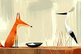 A red fox sits on a rock to the left of a white stork. Between them is a bowl filled with milk.