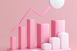 article key visual with chart elements showing growth of sales. Key colors “e11a72. Studio shot, 3d style, cinema4d style, product photography with clean single color pale pink background