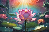 An illustration of lotus flowers, one in the front and a few open and a few beginning to bloom in the background above them all is a bright light of all colors