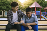 In a touching scene in a schoolyard, a young boy, Jay, places a comforting hand on his friend Leo’s shoulder as they sit together on a bench.
