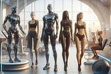 Three women walking into a gym with humanoid robots at their service.