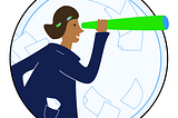 Illustration of a female scientist in a lab coat looking through a looking glass, with sheets of papers flying in the background.