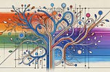 This artwork depicts an abstract, vibrant tree composed of intertwining lines and curves, resembling branches and roots. Bright colors radiate across a gradient background, transitioning from warm oranges and greens to cool blues and purples. Circles and nodes are integrated throughout, evoking a sense of interconnectedness, merging nature with a futuristic, circuit-like aesthetic.