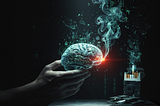 A human hand holds a glowing brain like a lit cigarette, with digital smoke rising and a pack of circuit-board cigarettes on the table, symbolizing AI habits and their impact on thinking.