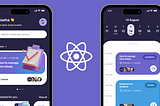 Two iphone devices with purple UI interfaces and React logo