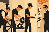 IMAGE: A timeline-style illustration showing workers evolving from operating steam machines to collaborating with a humanoid robot, symbolizing the continuous transformation of human labor through technological progress