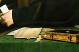 painting of a man sitting at a desk