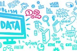 sketch style graphic with mini themed icons in blue to green including monitor, books, database icon, graphs, and some web technology text.
