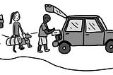 Illustration of 3 people packing suitcases into a car. One person has a dog on a harness and another person has a prosthetic leg.