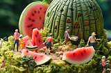 Creative Miniature Midjourney AI Art: Miniature Scenery of a miniature tourists playing in a slice of watermelon, intricate details, hyper realistic — ar 3:4