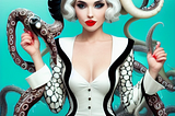A young woman with white hair, sharply dressed in a black and white dress with tentacles around her hair and body on a sea green background.