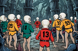 Numbered players in a squid game with bodies all around