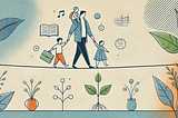 A minimalistic hand-drawn illustration of a father walking on a tightrope while holding the hands of a son and a daughter. The father is carrying symbols of personal growth, such as a book and musical notes. The background is simple, with a few sprouting plants and abstract symbols of joy, using soft colors like blues, greens, and oranges. The illustration emphasizes balance, family, and growth, with clean lines and minimalistic details to create a calm and nurturing atmosphere.