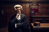 A distinguished barrister stands in court with his chin on his hand in contemplation