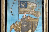 Woman holding flag with shield and eagle behind her