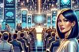 Illustrate a tech conference scene in a futuristic setting. The scene is filled with innovative displays and a diverse group of attendees. A woman, Valeria, with medium-length black hair and an Asian descent, stands out as she presents on machine learning protocols with confidence and clarity, her eyes alight with passion. The backdrop is full of gleaming lights, chrome surfaces, and advanced technology exhibits. In the crowd, a man, James, with short curly hair and Hispanic descent…